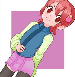 Rule 34 | 1girl, arm behind back, black thighhighs, blue vest, closed mouth, green shirt, hair ornament, legs apart, looking at viewer, mayl sakurai (mega man), mega man (series), mega man battle network (series), miniskirt, pink skirt, red eyes, red hair, shirt, short hair, sicky (pit-bull), skirt, smile, solo, split mouth, standing, thighhighs, vest, zettai ryouiki