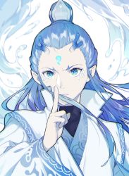 Rule 34 | 1boy, antlers, ao bing, blue eyes, blue hair, blue horns, chinese clothes, facial mark, forehead mark, hair ornament, hair pulled back, highres, horns, index finger raised, long hair, male focus, nezha zhi motong jiangshi, pointy ears, quail0503, scales, topknot, upper body, water, wide sleeves