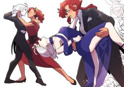 Rule 34 | 2girls, ahoge, akutsu (demodori), alternate hairstyle, bow, bowtie, closed eyes, dancing, dress, flower, formal, green eyes, gundam, gundam suisei no majo, hair bun, hairband, holding hands, interlocked fingers, light blush, long hair, looking at another, miorine rembran, multiple girls, multiple views, open mouth, ponytail, red hair, shoes, simple background, smile, sparkle, suit, suletta mercury, thick eyebrows, white background, yuri