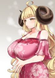 Rule 34 | 1girl, ahoge, anila (granblue fantasy), bare shoulders, blunt bangs, blush, breasts, commission, curled horns, draph, dress, embarrassed, eo masaka, eyes visible through hair, floral print, granblue fantasy, highres, horns, huge breasts, pink dress, print dress, skeb commission, solo, steepled fingers, sweat, thick eyebrows, yellow eyes