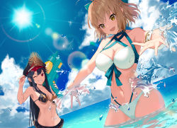 Rule 34 | 2girls, ahoge, bare shoulders, bikini, black hair, blue sky, bow, breasts, brown eyes, cleavage, cloud, cloudy sky, collarbone, commentary request, day, dutch angle, fate (series), front-tie bikini top, front-tie top, hair bow, halterneck, hat, highres, holding, holding water gun, horizon, large breasts, lens flare, long hair, looking at viewer, medium breasts, motto (night wear), multiple girls, navel, ocean, oda nobunaga (fate), oda nobunaga (koha-ace), oda nobunaga (swimsuit berserker) (second ascension) (fate), okita j. souji (third ascension) (fate), okita souji (fate), okita souji (koha-ace), open mouth, outdoors, outstretched arm, outstretched hand, red eyes, short hair, sky, smile, splashing, stomach, sun, sunlight, swimsuit, teeth, wading, water, water gun