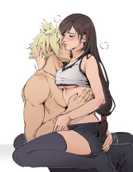 Rule 34 | 1boy, 1girl, bare arms, bare shoulders, bike shorts, black hair, black sports bra, black thighhighs, blonde hair, blush, breasts, breath, brown hair, closed eyes, cloud strife, collarbone, commentary, couple, crop top, feet out of frame, final fantasy, final fantasy vii, final fantasy vii remake, hand on another&#039;s arm, hand on another&#039;s ass, hand on another&#039;s head, hand on another&#039;s stomach, hetero, highres, kiss, kissing neck, large breasts, long hair, low-tied long hair, midriff, pudelmudel, sitting, sitting on lap, sitting on person, spiked hair, sports bra, square enix, tank top, thighhighs, tifa lockhart, topless male, underboob, white background, white tank top