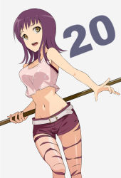 Rule 34 | 1girl, :d, breasts, collarbone, groin, holding, holding weapon, itsuwa, jack-barro, long hair, looking at viewer, medium breasts, midriff, navel, open mouth, pink shirt, polearm, purple hair, purple shorts, shiny skin, shirt, short shorts, shorts, simple background, smile, solo, standing, stomach, tank top, toaru majutsu no index, weapon, white background, yellow eyes