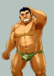 Rule 34 | 1boy, armpit hair, armpits, bara, belly, briefs, bulge, character request, chest hair, commentary request, dark-skinned male, dark skin, ei (marutendon), facial hair, feet out of frame, green male underwear, grin, hand on own head, large pectorals, long sideburns, male focus, male pubic hair, male underwear, mature male, muscular, muscular male, navel, navel hair, nipples, pectorals, print male underwear, pubic hair, short hair, sideburns, smile, solo, stomach, stubble, thick thighs, thighs, tokyo houkago summoners, topless male, underwear