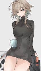 Rule 34 | 1girl, ahoge, arknights, black sweater, blue eyes, bottomless, breasts, brown hair, coffee mug, covered erect nipples, covered navel, cowboy shot, cup, gluteal fold, heart, highres, holding, holding cup, large breasts, long sleeves, mayer (arknights), mikozin, mug, smile, solo, sweater, thighs, turtleneck, turtleneck sweater