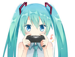 Rule 34 | 1girl, :&lt;, aqua hair, aqua necktie, arms up, bare shoulders, blue eyes, closed mouth, controller, eyes visible through hair, hair ornament, hatsune miku, holding, holding controller, kamu (geeenius), looking at viewer, necktie, sidelocks, simple background, solo, twintails, vocaloid