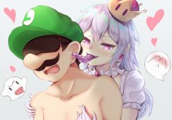 Rule 34 | 1boy, 1girl, bad id, bad pixiv id, big nose, black hair, blindfold, blush, boo (mario), clothed female nude male, clothes writing, collarbone, colored tongue, commentary request, covered eyes, crown, ear licking, earrings, facial hair, fangs, femdom, frilled sleeves, frills, ghost, green hat, grey background, grey hair, hair between eyes, half-closed eyes, hand on another&#039;s chest, hand on another&#039;s shoulder, hat, heart, hetero, inora, jewelry, licking, long hair, long tongue, luigi, luigi&#039;s mansion, mario (series), mustache, naughty face, neck garter, new super mario bros. u deluxe, nintendo, nose blush, nude, open mouth, princess king boo, puffy short sleeves, puffy sleeves, purple tongue, saliva, short sleeves, simple background, solid oval eyes, super crown, teeth, tongue, tongue out, upper body, upper teeth only, very long hair