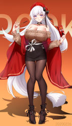 Rule 34 | 1girl, absurdres, aran sweater, azur lane, belfast (azur lane), belfast (shopping with the head maid) (azur lane), beret, black pantyhose, black skirt, blush, breasts, brown sweater, cable knit, chinese commentary, choker, cleavage, closed mouth, commentary request, dated, earrings, food, full body, hat, highres, hoop earrings, jewelry, large breasts, long hair, long sleeves, looking at viewer, md5 mismatch, nail polish, off-shoulder sweater, off shoulder, pantyhose, pencil skirt, pocky, red hat, red nails, resolution mismatch, shawl, silver hair, skirt, smile, solo, source larger, standing, sweater, very long hair, wu ganlan cai
