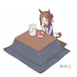 Rule 34 | 1girl, :d, animal ears, artist name, blush, brown hair, chopsticks, clover hair ornament, cup ramen, dated, donbee (food), fine motion (umamusume), green eyes, hair bun, hair ornament, holding, holding chopsticks, horse ears, horse girl, horse tail, instant soba, kawashina (momen silicon), kotatsu, multicolored hair, open mouth, own hands together, palms together, purple shirt, sailor collar, school uniform, shirt, single hair bun, sitting, smile, solo, table, tail, the end (phrase), tracen school uniform, two-tone hair, umamusume, under kotatsu, under table, water boiler, white background