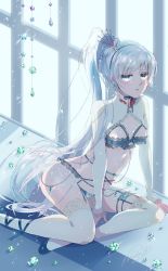 Rule 34 | 1girl, blue eyes, bra, breasts, garter belt, garter straps, hair ornament, highres, lace, lace-trimmed bra, lace-trimmed legwear, lace-trimmed panties, lace trim, long hair, looking at viewer, medium breasts, panties, ponytail, rwby, sitting, solo, thighhighs, underwear, very long hair, weiss schnee, white hair