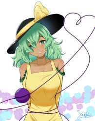 Rule 34 | 1girl, alternate skin color, arms behind back, bare shoulders, black hat, breasts, commentary, dated, english commentary, green eyes, green hair, hat, hat ribbon, heart, heart of string, highres, komeiji koishi, large breasts, looking at viewer, medium breasts, medium hair, parted lips, ribbon, signature, smile, solo, third eye, touhou, upper body, white background, xen0moonz, yellow ribbon