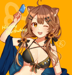 Rule 34 | 1girl, :3, ahoge, animal ear fluff, animal ears, arm up, bare shoulders, bikini, black bikini, blush, breasts, brown hair, cleavage, dated, fang, flower, food, hair flower, hair ornament, hairclip, happy birthday, highres, holding, holding food, holding popsicle, lion ears, long hair, looking at viewer, low twintails, one eye closed, open mouth, orange eyes, popsicle, re:act, sawamaru 0528, shawl, shishigami leona, simple background, small breasts, smile, solo, swimsuit, twintails, upper body, virtual youtuber, yellow background