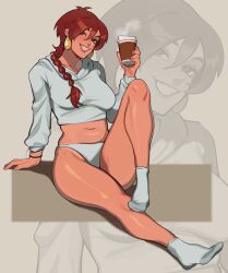 Rule 34 | 1girl, absurdres, ankle socks, aubrey (neal d. anderson), bare legs, belly, braid, breasts, brown eyes, brown hair, clenched teeth, coffee cup, commentary, commission, cropped hoodie, cup, disposable cup, earrings, english commentary, freckles, full body, hair tie, hair tie on wrist, hand on ground, hand up, highres, holding, holding cup, hood, hoodie, jewelry, knee up, leaning back, long hair, long sleeves, medium breasts, midriff, navel, no pants, open mouth, original, panties, porqueloin, simple background, single braid, sitting, socks, solo, teeth, thighs, underwear, white hoodie, white panties, white socks