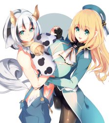 Rule 34 | 10s, 2girls, animal ears, animal print, aqua eyes, ass, asymmetrical docking, atago (kancolle), bare shoulders, bell, black hair, blonde hair, bottomless, breast press, breasts, bulge, cameltoe, cleavage, covered erect nipples, cow ears, cow girl, cow print, cow tail, cowbell, erection, erection under clothes, fur, gloves, green eyes, hat, highres, holstaur, holstaur (monster girl encyclopedia), horns, huge breasts, kantai collection, large breasts, long hair, looking at viewer, monster girl, monster girl encyclopedia, multiple girls, nipples, open mouth, overalls, oxykoma, pantyhose, revealing clothes, simple background, sleeveless, smile, symmetrical docking, tail, white hair