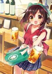 Rule 34 | 1girl, :d, alcohol, apron, beer, blue skirt, blush, bottle, brown eyes, brown hair, chair, chotto ippai!, collarbone, commentary request, foam, green apron, holding, incoming drink, indoors, izakaya, kayou (kayou-bi), looking at viewer, miyahara momiji, official art, open mouth, pleated skirt, red shirt, shirt, short sleeves, skirt, smile, solo, standing, waist apron