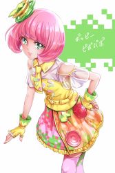 Rule 34 | 1girl, bob cut, english text, eyelashes, gloves, green eyes, happy, highres, kamen rider, kamen rider ex-aid (series), looking at viewer, mole, mole under eye, nail polish, pink hair, pink thighhighs, poppi pipopapo, sharumon, skirt, smile, solo, standing, thighhighs, thighs, translation request, white background, yellow gloves