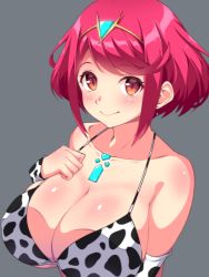 Rule 34 | 1girl, alternate costume, animal print, breasts, chest jewel, covered erect nipples, cow print, f 1chan, large breasts, pyra (xenoblade), red eyes, red hair, short hair, solo, swept bangs, xenoblade chronicles (series), xenoblade chronicles 2