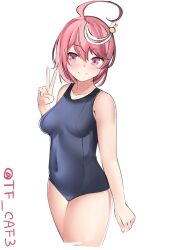 Rule 34 | 1girl, ahoge, blush, breasts, cowboy shot, hair ornament, i-58 (kancolle), kantai collection, looking at viewer, one-piece swimsuit, pink eyes, pink hair, school swimsuit, short hair, small breasts, smile, solo, swimsuit, tf cafe, twitter username, v, white background