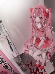 Rule 34 | 1girl, absurdres, blood on ground, blush, bow, bowtie, closed mouth, commentary request, dress, earrings, frilled dress, frills, frown, full body, hair bow, hanataro (sruvhqkehy1zied), heart, heart earrings, high heels, highres, indoors, jewelry, long hair, magical girl, on chair, original, pantyhose, pink bow, pink bowtie, pink dress, pink eyes, pink hair, puffy short sleeves, puffy sleeves, red footwear, reflection, short dress, short sleeves, sitting, solo, twintails, v arms, very long hair, white pantyhose