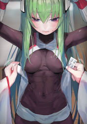Rule 34 | 1girl, 2girls, arms up, bodysuit, covered erect nipples, covered navel, cowboy shot, eyelashes, eyes visible through hair, female pov, green hair, hair between eyes, headgear, highres, impossible bodysuit, impossible clothes, indoors, long hair, menou kaname (taishi), motion lines, multiple girls, original, pov, pov hands, purple eyes, short shorts, shorts, skin tight, taishi (picchiridou), tsuru-chan, unfastened, white shorts, wide sleeves, wooden floor