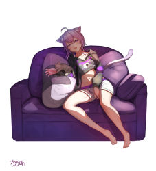 Rule 34 | 1girl, absurdres, adapted costume, ahoge, animal ear fluff, animal ears, arpeggio kaga, artist name, bare legs, barefoot, between legs, black hoodie, breasts, cat, cat ears, cat tail, cleavage, collarbone, commentary, couch, food, full body, groin, hair between eyes, half-closed eyes, hand between legs, highres, hololive, hood, hoodie, kitten, light purple hair, long sleeves, looking at viewer, medium breasts, midriff, navel, nekomata okayu, nekomata okayu (1st costume), onigiri, onigiri print, open mouth, pillow, purple eyes, short hair, short shorts, shorts, signature, simple background, sitting, smile, solo, tail, thighs, virtual youtuber, white background, white shorts
