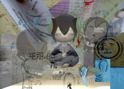 Rule 34 | 1boy, 3girls, 49 male, abstract, animate object, arm pillow, bandaid, bandaid on face, bandaid on nose, black hair, blue sweater, book, bow, bowtie, brown hair, character counter request, closed eyes, closed mouth, collage, desk, doodle inset, eraser, flower, hecatoncheir, highres, holding, holding pen, horns, long sleeves, looking at viewer, mirrored text, multiple girls, multiple views, open book, open mouth, original, pen, pencil case, photo inset, purple eyes, red bow, red bowtie, sheep, short hair, sleeping, speech bubble, sweater, translation request, twintails, zzz