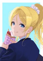 1girl :q ayase_eli blazer blonde_hair blue_background blue_eyes blue_jacket blush closed_mouth collared_shirt crepe food hair_ornament hair_scrunchie high_ponytail highres holding holding_food jacket long_hair long_sleeves looking_at_viewer looking_back love_live! love_live!_school_idol_project otonokizaka_school_uniform ponytail school_uniform scrunchie shirt smile solo split_mouth tongue tongue_out upper_body white_scrunchie white_shirt winter_uniform yanase_eiwa