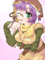 Rule 34 | 1990s (style), 1girl, :p, ;p, bad id, bad pixiv id, belt, breasts, chrono (series), chrono trigger, eric flay, female focus, glasses, gradient background, green eyes, hat, headset, helmet, lucca ashtear, one eye closed, purple hair, retro artstyle, short hair, solo, tongue, tongue out, wink