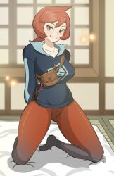 Rule 34 | 1girl, arezu (pokemon), arms behind back, blurry, blurry background, breasts, brown bag, brown eyes, brown hair, closed mouth, collarbone, commentary request, cowlick, creatures (company), full body, futon, game freak, gradient legwear, highres, indoors, jacket, kneeling, large breasts, looking at viewer, medium hair, nintendo, pantyhose, pokemon, pokemon legends: arceus, satosu (uchr2228), smile, solo, tatami