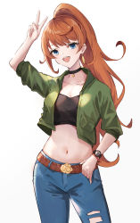 Rule 34 | 1girl, :d, absurdres, anna schneider, arm up, belt, black choker, black shirt, blue eyes, blue pants, choker, crop top, cropped jacket, denim, earrings, ema (kuguiema), green jacket, highres, jacket, jewelry, long hair, looking at viewer, midriff, navel, open clothes, open jacket, open mouth, orange hair, pants, ponytail, shirt, simple background, smile, solo, stomach, takt op., torn clothes, torn pants, v, watch, white background, wristwatch