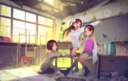 Rule 34 | 3girls, :p, abandoned building, backpack, bag, boots, brown hair, chair, chalkboard, child, classroom, day, desk, flat chest, flower, flower on head, full body, jacket, kneeling, leaf, long hair, moss, muk (monsieur), multiple girls, one eye closed, one leg raised, open mouth, shoes, short hair, shorts, sitting, smile, sweater, tail, tongue, tongue out, upper body, window, wooden desk