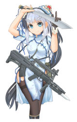 Rule 34 | 1girl, arms up, assault rifle, bag, bayonet, between breasts, black footwear, black gloves, black hair, black thighhighs, blue dress, blue eyes, boots, breasts, bullpup, bun cover, carrying, china dress, chinese clothes, double bun, dress, garter straps, gloves, gun, hair bun, hair ornament, high collar, highres, holding, holding sword, holding weapon, knee boots, long hair, medium breasts, medium dress, mikeran (mikelan), military, multicolored hair, original, print dress, rifle, satchel, short sleeves, side slit, silver hair, single glove, solo, sword, thighhighs, two-tone hair, type 86s, very long hair, weapon