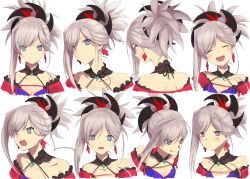 Rule 34 | 1girl, :d, absurdres, angry, asymmetrical hair, bare shoulders, blue eyes, blue kimono, blush, breasts, cleavage, closed eyes, collarbone, detached collar, detached sleeves, earrings, expressions, faces, facial expressions, facing viewer, fate/grand order, fate (series), from behind, hair ornament, highres, japanese clothes, jewelry, kimono, laika (sputnik2nd), laughing, licking lips, looking at viewer, magatama, miyamoto musashi (fate), miyamoto musashi (second ascension) (fate), multiple views, necklace, open mouth, pink hair, ponytail, short kimono, sleeveless, sleeveless kimono, smile, tongue, tongue out, upper body, white background, wide sleeves