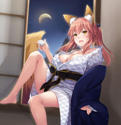 Rule 34 | 1girl, alcohol, animal ear fluff, animal ears, bare shoulders, blue kimono, blush, breasts, choko (cup), cleavage, crescent moon, cup, fang, fate/extra, fate (series), fox ears, fox girl, fox tail, hair between eyes, japanese clothes, kimono, knee up, large breasts, legs, long hair, looking at viewer, moon, nakajima yuka, night, night sky, official alternate costume, open mouth, pink hair, sash, seigaiha, sidelocks, sitting, sky, smile, solo, tail, tamamo (fate), tamamo no mae (fate/extra), tamamo no mae (traveling outfit) (fate), thighs, twintails, white kimono, yellow eyes