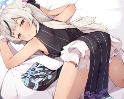 Rule 34 | 1girl, animal ear fluff, animal ears, ass, bare arms, bare shoulders, bed sheet, black dress, black hair, blue archive, blush, brown eyes, closed mouth, dress, female focus, grey hair, half-closed eyes, halo, highres, kokona (blue archive), layered skirt, long hair, looking at viewer, looking back, multicolored hair, pelvic curtain, pleated skirt, seneto, skirt, sleeveless, sleeveless dress, solo, streaked hair, striped clothes, striped dress, vertical-striped clothes, vertical-striped dress, very long hair, white skirt