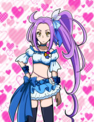 Rule 34 | 1girl, ahoge, bad id, bad pixiv id, black thighhighs, choker, cosplay, cure beat, cure berry, cure berry (cosplay), dress, female focus, fresh precure!, frills, frown, hair ornament, hair ribbon, hairpin, hand on own hip, heart, hip focus, kurokawa eren, long hair, lowres, magical girl, midriff, navel, precure, purple hair, ribbon, seiren (suite precure), side ponytail, solo, suite precure, thighhighs, wakatuki25, wrist cuffs, yellow eyes
