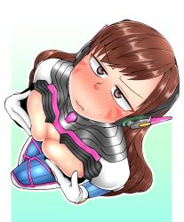 Rule 34 | 1girl, blush, bodysuit, breast press, breasts, breasts out, brown eyes, brown hair, cleavage, covering privates, covering breasts, d.va (overwatch), facial mark, from above, frown, full-face blush, gloves, gradient background, green background, hands on own chest, headphones, kurozu (crozu), long hair, looking at viewer, looking up, overwatch, overwatch 1, pillarboxed, pilot suit, skin tight, solo, sweatdrop, swept bangs, whisker markings, white background, white gloves