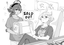 Rule 34 | 2girls, absurdres, ahoge, box, chair, commentary, crossed legs, flying sweatdrops, greyscale, gundam, gundam suisei no majo, hairband, highres, holding, holding box, holding sign, id card, joker (jjjokerrr233), long hair, looking at viewer, miorine rembran, monochrome, multiple girls, office chair, pantyhose, parted lips, poster (object), shirt, short sleeves, sign, sitting, suletta mercury, swivel chair, translation request