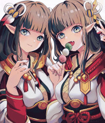 Rule 34 | 2girls, absurdres, black hair, blunt bangs, blush, breasts, dango, fang, fewer digits, food, hair ornament, highres, hinoa, holding, holding food, japanese clothes, long hair, looking at viewer, minoto, monster hunter (series), monster hunter rise, multiple girls, peach pit!, pointy ears, siblings, sidelocks, sisters, skin fang, smile, twins, wagashi, yellow eyes