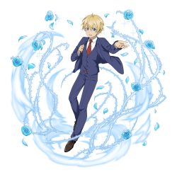 Rule 34 | 1boy, :d, black footwear, black jacket, blonde hair, blue eyes, blue flower, blue pants, blue rose, collared shirt, eugeo, flower, hair between eyes, highres, ice, jacket, long sleeves, looking at viewer, male focus, necktie, non-web source, official art, open clothes, open jacket, open mouth, pants, print necktie, print neckwear, red necktie, rose, school uniform, shirt, smile, solo, sparkle, sword art online, transparent background, white shirt, wing collar