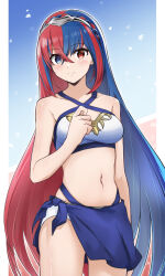 Rule 34 | 1girl, alear (female) (fire emblem), alear (fire emblem), alternate costume, bare arms, bare shoulders, bikini, blue eyes, blue hair, breasts, commentary request, cowboy shot, criss-cross halter, fire emblem, fire emblem engage, halterneck, heterochromia, highres, komurice, medium breasts, multicolored hair, navel, nintendo, red eyes, red hair, sarong, solo, standing, stomach, streaked hair, swimsuit, thighs, tiara, white bikini