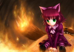 Rule 34 | 1girl, animal ears, annie (league of legends), backpack, bag, between legs, fake animal ears, fingernails, fire, green eyes, hand between legs, league of legends, looking at viewer, nail polish, red hair, ricegnat, shoes, short hair, signature, sitting, solo, striped clothes, striped thighhighs, thighhighs, tibbers, v arms