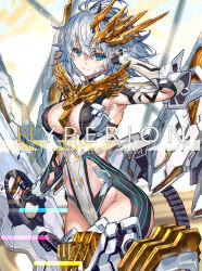 Rule 34 | 1girl, armored legwear, blue eyes, bodysuit, breasts, cleavage, comiket 100, gloves, grey hair, hair ornament, highres, holding, holding weapon, large breasts, medium breasts, medium hair, original, ran&#039;ou (tamago no kimi), smile, solo, tagme, weapon, white gloves