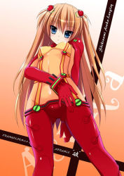 Rule 34 | 00s, 1girl, arm behind back, blue eyes, blush, bodysuit, bracer, breasts, character name, copyright name, cowboy shot, crotch, evangelion: 2.0 you can (not) advance, from below, gloves, gradient background, hair between eyes, hair ornament, hairpods, hand on own hip, head tilt, interface headset, long hair, looking at viewer, multicolored clothes, neon genesis evangelion, orange background, orange hair, parted lips, pilot suit, plugsuit, rebuild of evangelion, red hair, see-through, small breasts, solo, souryuu asuka langley, test plugsuit, tomosuke, turtleneck, two side up, very long hair