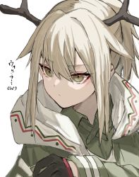 Rule 34 | 1girl, absurdres, antlers, arknights, black gloves, breasts, character name, collared shirt, dress, firewatch (arknights), gloves, green eyes, green hair, green hairband, green jacket, green shirt, hair between eyes, hairband, highres, hood, hood down, hooded jacket, horn/wood, horns, huge filesize, jacket, long hair, long sleeves, looking to the side, open clothes, open jacket, ponytail, reindeer antlers, shirt, sidelocks, simple background, small breasts, solo, upper body, white background, white dress