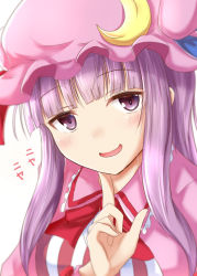 Rule 34 | 1girl, blunt bangs, blush, commentary request, crescent, crescent hair ornament, double bun, dress, finger to own chin, grin, hair bun, hair ornament, hat, hat ribbon, head tilt, light blush, long hair, looking at viewer, mob cap, open mouth, patchouli knowledge, pink hat, pink robe, purple eyes, purple hair, ram hachimin, red neckwear, red ribbon, ribbon, robe, sidelocks, simple background, smile, solo, sound effects, striped clothes, striped dress, touhou, upper body, white background