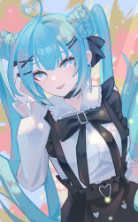 Rule 34 | 1girl, :d, absurdres, ahoge, ai dongdong, black bow, black ribbon, blue eyes, blue hair, blush, bow, braid, breasts, cowboy shot, day, dot nose, dutch angle, hair between eyes, hair bow, hair ornament, hairclip, hand in own hair, hand up, hatsune miku, heart, heart-shaped pupils, heart ahoge, high-waist skirt, highres, light particles, light rays, long hair, long sleeves, looking at viewer, medium breasts, neck ribbon, open mouth, outdoors, ribbon, shirt, shirt tucked in, sidelocks, skirt, smile, suspender skirt, suspenders, symbol-shaped pupils, twintails, very long hair, vocaloid, white shirt, x hair ornament