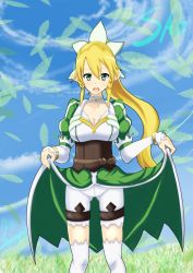 Rule 34 | 10s, 1girl, blonde hair, braid, breasts, cleavage, clothes lift, corset, grass, green eyes, hair ornament, kuga zankurou, large breasts, leafa, long hair, looking at viewer, open mouth, pointy ears, skirt, skirt lift, sky, solo, sword art online, twin braids, white legwear