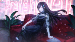 Rule 34 | 1girl, brown hair, christmas lights, chromatic aberration, couch, doumyouji cocoa, dress, flower, hair between eyes, hair ornament, highres, holding, holding flower, light particles, long hair, looking at viewer, neon lights, red eyes, riot music, see-through, sitting, smile, solo, virtual youtuber