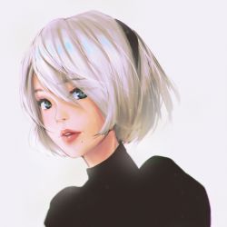 Rule 34 | 1girl, black dress, black hairband, blue eyes, dress, eyelashes, eyes visible through hair, grey background, hair between eyes, hairband, highres, jinkkap, juliet sleeves, lips, lipstick, long sleeves, looking at viewer, makeup, mole, mole under mouth, nier (series), nier:automata, no blindfold, nose, open mouth, parted lips, pink lips, puffy sleeves, ribbed dress, short hair, silver hair, simple background, solo, teeth, turtleneck, upper body, 2b (nier:automata)